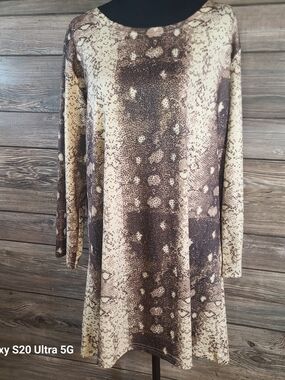 Neutral Brown & Cream Printed Midi Dress - Long Sleeve